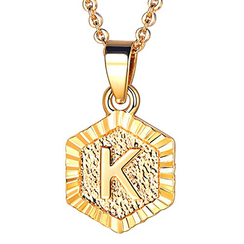 FOCALOOK Schmuck Damen Collier Buchstabe K Anhänger 18k vergoldet mit 55cm Rolokette Anfangsbuchstabe Hexagon Tag trendig Halskette für Frauen Mädchen von FOCALOOK