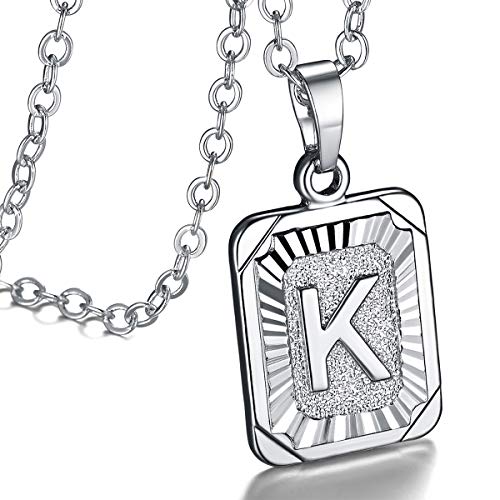 FOCALOOK Buchstabe K Collier Rechteck Anhänger Halskette platiniert 50cm verstellbare Rolokette Initiale Schmuck für Damen Mädchen - Party Geburtstag von FOCALOOK