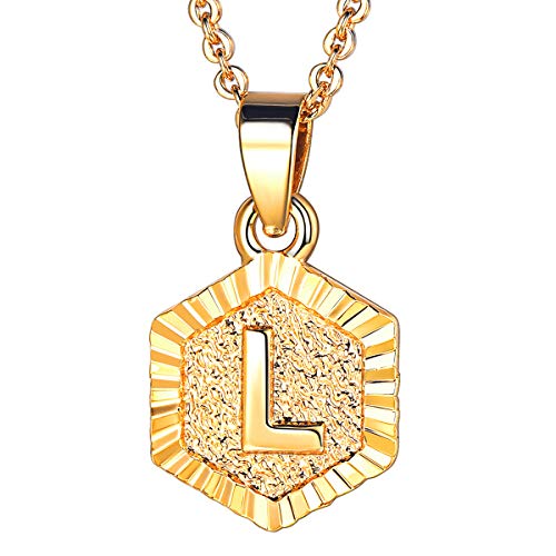 FOCALOOK Schmuck Damen Collier Buchstabe L Anhänger 18k vergoldet mit 55cm Rolokette Anfangsbuchstabe Hexagon Tag trendig Halskette für Frauen Mädchen von FOCALOOK
