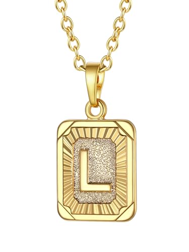FOCALOOK Buchstabe L Anhänger Halskette 18k vergoldet Rechteck Tag mit 50+5cm Rolokette verstellbar Damen Mädchen Collier Schmuck für Geburtstag Jahrestag von FOCALOOK