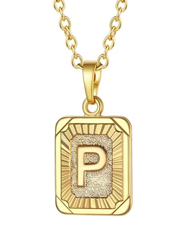 FOCALOOK Buchstabe P Collier Rechteck Anhänger Halskette 18k vergoldet 50cm verstellbare Rolokette Initiale Schmuck für Damen Mädchen - Party Geburtstag von FOCALOOK