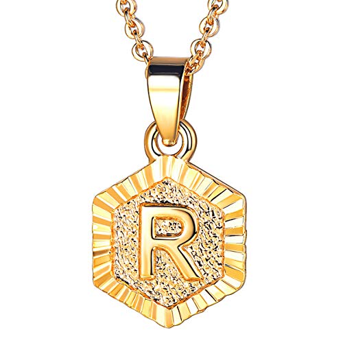 FOCALOOK Schmuck Damen Collier Buchstabe R Anhänger 18k vergoldet mit 55cm Rolokette Anfangsbuchstabe Hexagon Tag trendig Halskette für Frauen Mädchen von FOCALOOK