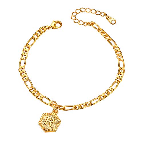 FOCALOOK Buchstabe R Fußkette 22cm verstellbar Figarokette goldfarben Initiale Hexagon Anhänger 18k vergoldet Knöchel Armband Fußschmuck Accessoire für Damen Mädchen von FOCALOOK