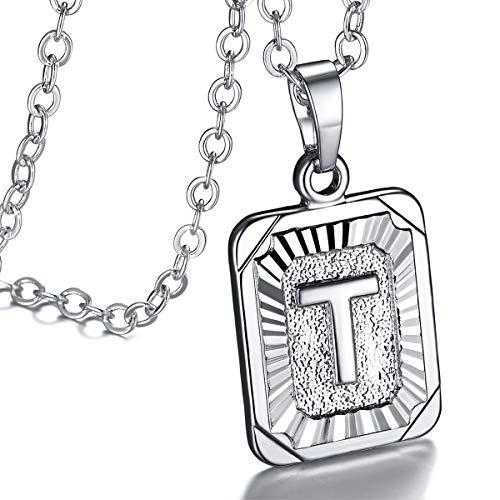 FOCALOOK Buchstabe T Anhänger Halskette platiniert Rechteck Tag mit 50+5cm Rolokette verstellbar Damen Mädchen Collier Schmuck für Geburtstag Jahrestag von FOCALOOK