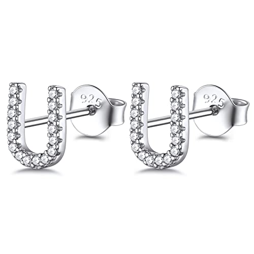 FOCALOOK Buchstabe U Ohrstecker Silber 925 für Damen Mädchen Zirkonia Initiale Ohr Piercing Funkelnde Alphabet Letter Ohr Schmuck Accessoire für Geburtstag von FOCALOOK