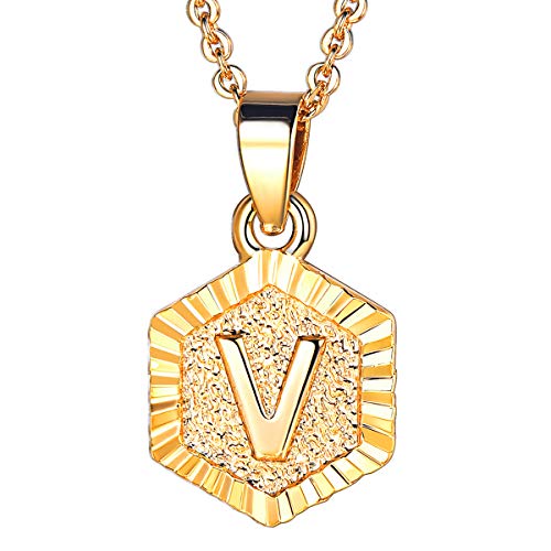 FOCALOOK Schmuck Damen Collier Buchstabe V Anhänger 18k vergoldet mit 55cm Rolokette Anfangsbuchstabe Hexagon Tag trendig Halskette für Frauen Mädchen von FOCALOOK