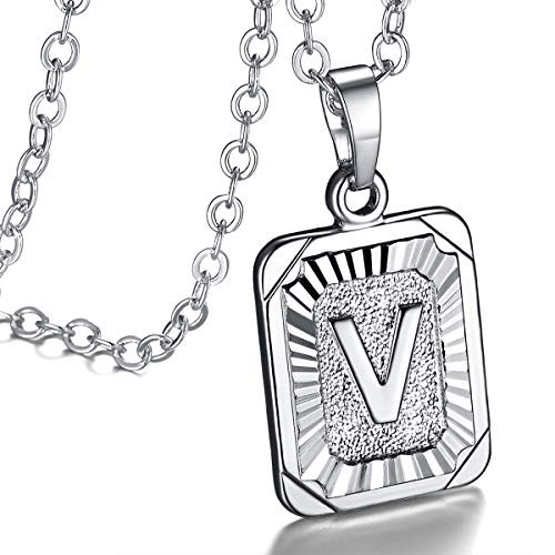 FOCALOOK Buchstabe V Collier Rechteck Anhänger Halskette platiniert 50cm verstellbare Rolokette Initiale Schmuck für Damen Mädchen - Party Geburtstag von FOCALOOK