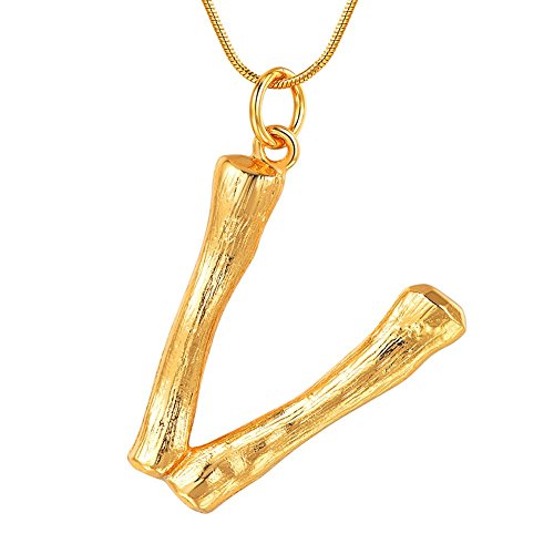 FOCALOOK Buchstabe V Halskette Gelbgold überzogend Damen Anhänger Initiale Groß Bambus Stil Collier Schlangenkette 1,2mm 55cm verstellbar Coole Schmuck für Mädchen in Gold von FOCALOOK