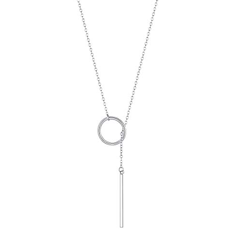 FOCALOOK Collier Damen lange Y-Kette 73cm Rolokette mit Ring und Bar Anhänger platiniert Lariat Halskette verstellbar Modeschmuck Accessoire für Mädchen Abendkleidung von FOCALOOK
