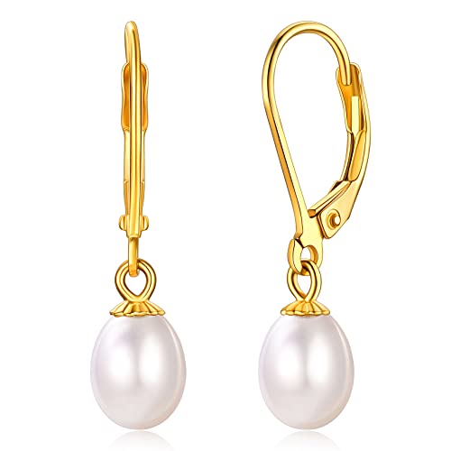 FOCALOOK Damen 6mm Süßwasser Perle Baumel-Ohrringe 18k vergoldet Perlen Hängeohrringe Elegante Drop Earrings Ohrschmuck Accessoire für Frauen Valentinstag Muttertag von FOCALOOK