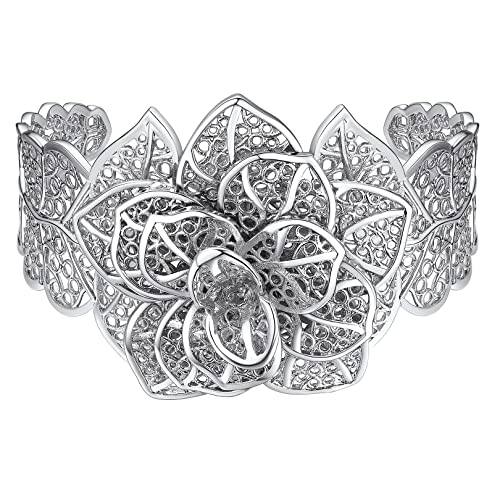 FOCALOOK Oberarmreif Damen Blumenarmband offener Armreif 45mm breit Kupfer Armspange Charm Armband Oberarmreif Schmuck Weißgold von FOCALOOK