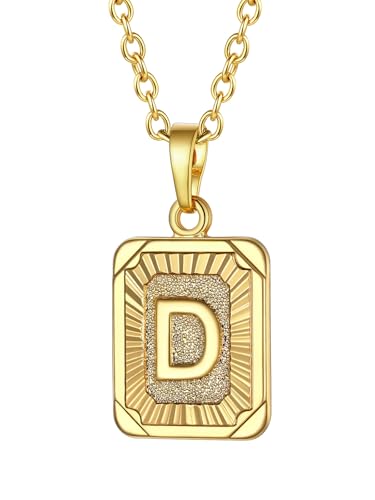 FOCALOOK Damen Buchstabe D Collier 18k vergoldet Initiale Rechteck Anhänger mit 50+5cm Rolokette goldene Modeschmuck Accessoire für Geburtstag Weihnachten Party von FOCALOOK