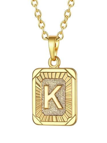 FOCALOOK Damen Buchstabe K Collier 18k vergoldet Initiale Rechteck Anhänger mit 50+5cm Rolokette goldene Modeschmuck Accessoire für Geburtstag Weihnachten Party von FOCALOOK