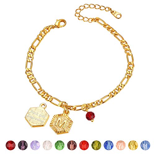 FOCALOOK Damen Buchstabe M Fußkettchen mit Geburtsstein 18k vergoldet personalisiert Initiale Hexagon Anhänger mit 22+5cm Figarokette Sommer Strand Knöchel Armband Fuß Schmuck Accessoire von FOCALOOK