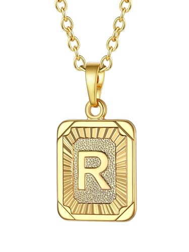 FOCALOOK Damen Buchstabe R Collier 18k vergoldet Initiale Rechteck Anhänger mit 50+5cm Rolokette goldene Modeschmuck Accessoire für Geburtstag Weihnachten Party von FOCALOOK