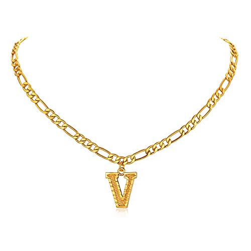 FOCALOOK Damen Buchstabe V Kurze Kette 18k vergoldet Initiale Schlüsselbein Kette Anhänger mit 40+5cm Figarokette goldenfarbige Alphabet Letter Halskette Schmuck Accessoire von FOCALOOK