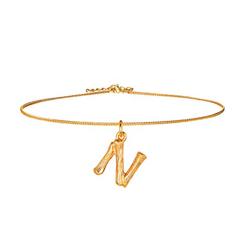 FOCALOOK Damen Choker Anhänger Halskette Frauen Gelbgold überzogend Initiale Schmuck kleine Buchstabe N für Mädchen 40cm verstellbar Ankerkette Bambus Stil Women Necklace von FOCALOOK