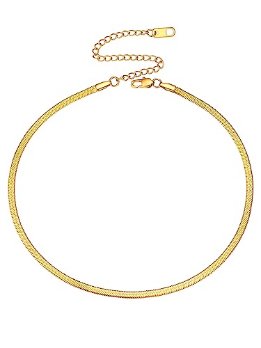 FOCALOOK Damen Choker Kette 38+9cm goldfarben kurze Halskette 18k vergoldet 3mm breit flache Schlangenkette verstellbar Gliederkette Modeschmuck Accessoire für Mädchen Frauen von FOCALOOK