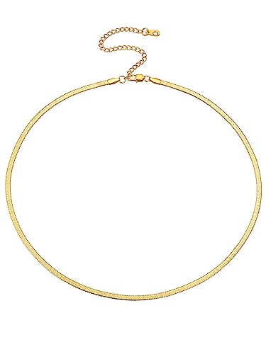 FOCALOOK Damen Choker Kette 46+9cm goldfarben kurze Halskette 18k vergoldet 3mm breit flache Schlangenkette verstellbar Gliederkette Modeschmuck Accessoire für Mädchen Frauen von FOCALOOK