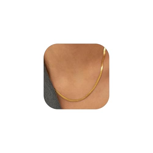 FOCALOOK Damen Choker Kette 46+9cm goldfarben kurze Halskette 18k vergoldet 3mm breit flache Schlangenkette verstellbar Gliederkette Modeschmuck Accessoire für Mädchen Frauen von FOCALOOK