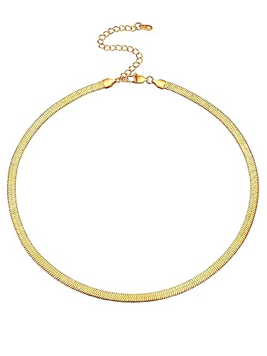 FOCALOOK Damen Collier 18k vergoldet Choker Kette 5mm/46+9cm Schlangenkette Kurze Halskette verstellbare Flache Gliederkette für Mädchen Frauen Modeschmuck Accessoire für Party von FOCALOOK