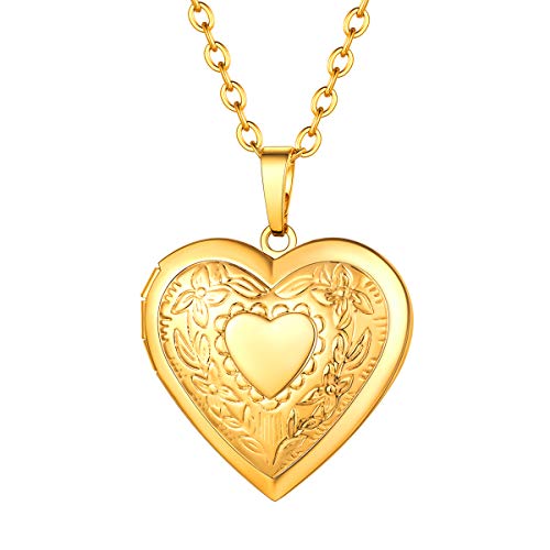 FOCALOOK Damen Collier 18k vergoldet Herz Medaillon zum Öffnen Vintage Muster Herz Anhänger Halskette für Foto Bilder Floating Locket Modeschmuck für Valentinstag Muttertag von FOCALOOK