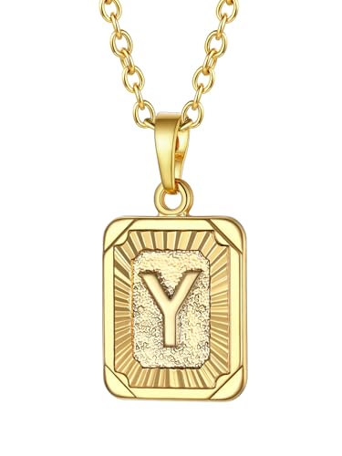 FOCALOOK Damen Collier Anfangsbuchstabe Y Kette 18k vergoldet Rechteck Anhänger Halskette für Mädchen verstellbar 50cm Rolokette Accessoire Schmuck für Jahrestag von FOCALOOK