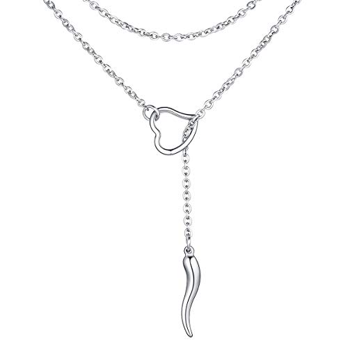 FOCALOOK Damen Collier Edelstahl Lariat Y-Halskette Herz Ring und Italienisches Horn Anhänger mit 80cm lang Rolokette verstellbar trendig Cornicello Kette Frauen Modeschmuck für Party Geburtstag von FOCALOOK