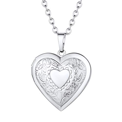 FOCALOOK Damen Collier Herz Anhänger Halskette vintage Herz Medaillon zum Öffen platiniert Amulett Modeschmuck Accessoire für Geburtstag Muttertag Valentinstag von FOCALOOK