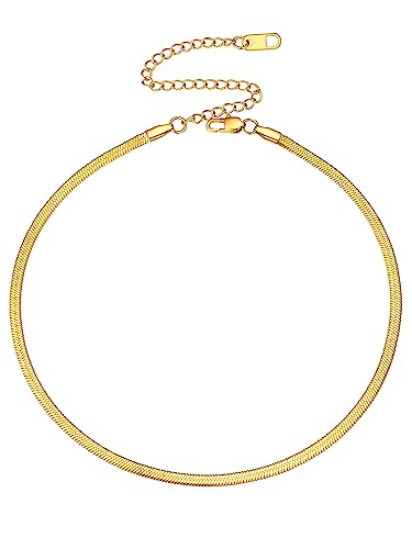 FOCALOOK Damen Collier goldfarben kurze Halskette flache Schlangenkette 5mm breit 32+9cm Choker Kette 18k vergoldet modische Gliederkette Accessoire Accessoire für Freundin Ehefrau von FOCALOOK