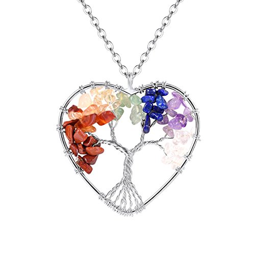 FOCALOOK Damen Edelstahl Herz Anhänger Halskette Lebensbaum mit 7 Stein Chakra Reiki-Energietherapie Mädchen Heilung Fashion Schmuck für Frauen von FOCALOOK