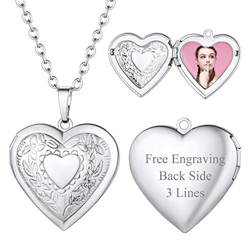FOCALOOK Damen Fotoanhänger Kette personalisiert Foto Bilder Medaillon zum Öffnen platiniert Namen Gravur Herz Kette Modeschmuck Accessoire für Mädchen für Geburtstag Valentinstag von FOCALOOK