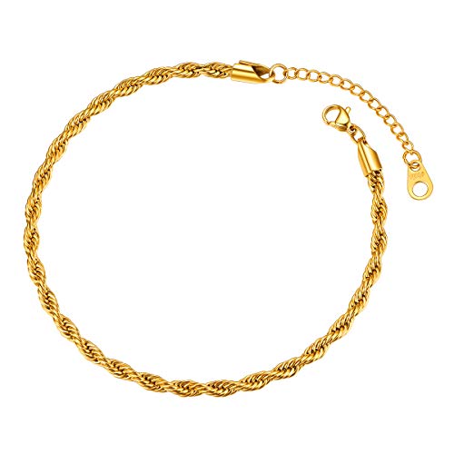 FOCALOOK Damen Fußkettchen Gold Kette 23CM Edelstahl Kette 3mm breit Kordelkette Fußkette Sommer Strand Armband Fuß Schmuck Accessoire von FOCALOOK