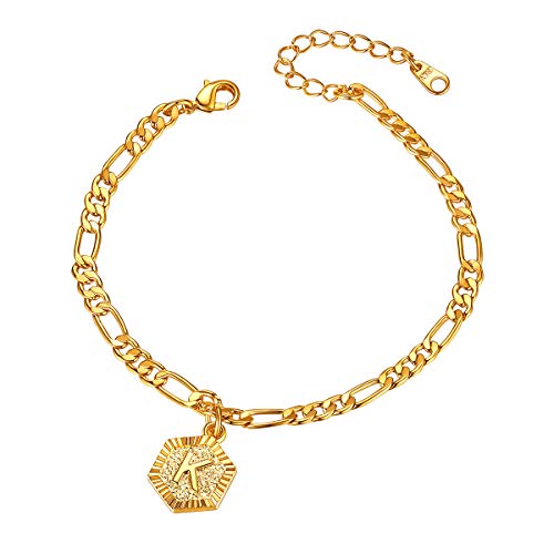 FOCALOOK Damen Fußkettchen Anfangsbuchstabe K Armband mit 18k vergoldet Hexagon Charms für Mädchen verstellbar 22cm Figarokette Sommer Modeschmuck Accessoire von FOCALOOK