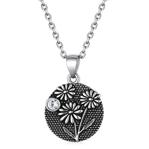 FOCALOOK Damen Geburtsblume April Kette 925 Sterling Silber Münze Anhänger mit Gänseblümchen Motiv & Geburtsstein 45+5cm Rolokette Geburtsstag Halskette Schmuck Accessoire von FOCALOOK