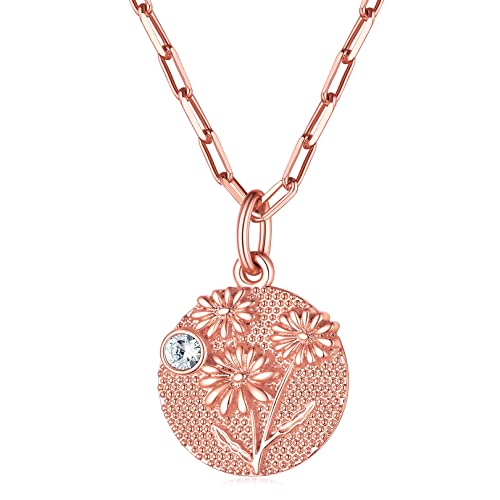 FOCALOOK Damen Geburtsblume April Kette Rosegold vergoldet Münze Anhänger mit Gänseblümchen Motiv & Geburtsstein 45+5cm Rolokette Geburtsstag Halskette Modeschmuck Accessoire von FOCALOOK