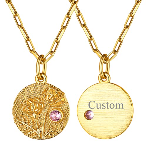 FOCALOOK Damen Geburtsblume Oktober Kette 18k vergoldet Personalisierte Münze Anhänger mit Ringelblume Motiv & Geburtsstein 45+5cm Rolokette Geburtsstag Halskette Schmuck Accessoire von FOCALOOK