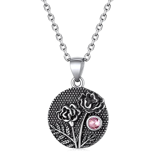 FOCALOOK Damen Geburtsblume Oktober Kette 925 Sterling Silber Münze Anhänger mit Ringelblume Motiv & Geburtsstein 45+5cm Rolokette Geburtsstag Halskette Schmuck Accessoire von FOCALOOK