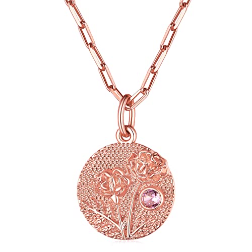FOCALOOK Damen Geburtsblume Oktober Kette Rosegold vergoldet Münze Anhänger mit Ringelblume Motiv & Geburtsstein 45+5cm Rolokette Geburtsstag Halskette Modeschmuck Accessoire von FOCALOOK