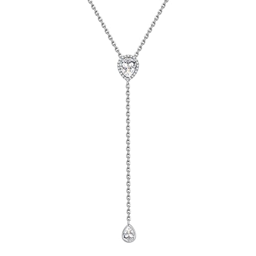 FOCALOOK Damen Geburtsstein April Y Lariat Halskette 925 Silber 40+5cm Quastenkette mit Weißen Zirkonia Geburtstag Party Schmuck Accessoire für Frauen Mädchen von FOCALOOK