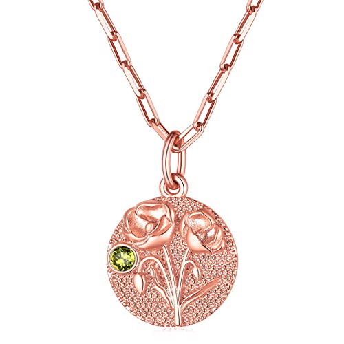 FOCALOOK Damen Geburtsstein Münze Kette Rosegold vergoldet August Geburtsblume Klatschmohn Anhänger Halskette 45+5cm Rolokette Geburtsmonat Modeschmuck für Party Cocktail von FOCALOOK