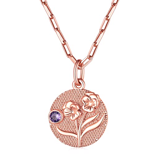 FOCALOOK Damen Geburtsstein Münze Kette Rosegold vergoldet Februar Geburtsblume Veilchen Anhänger Halskette 45+5cm Rolokette Geburtsmonat Modeschmuck für Party Cocktail von FOCALOOK