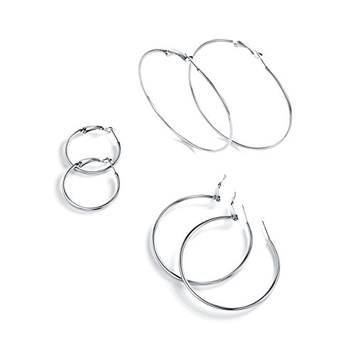 FOCALOOK Damen Große Hoop Ohrringe Set 3 Paare Silber Ton Creolen Runde Kreis Ohrringe 30/50/70mm Elegant Ohrschmuck für Frauen Mädchen Bürodamen von FOCALOOK