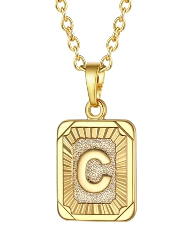 FOCALOOK Damen Halskette 18k vergoldet Buchstabe C Anhänger mit 55cm verstellbarer Rolokette Rechteck Initiale Modeschmuck Accessoire für Frauen Mädchen von FOCALOOK