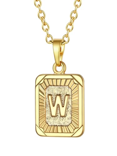 FOCALOOK Damen Halskette 18k vergoldet Buchstabe W Anhänger mit 55cm verstellbarer Rolokette Rechteck Initiale Modeschmuck Accessoire für Frauen Mädchen von FOCALOOK