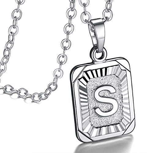FOCALOOK Damen Halskette platiniert Buchstabe S Anhänger mit 55cm verstellbarer Rolokette Rechteck Initiale Modeschmuck Accessoire für Frauen Mädchen von FOCALOOK