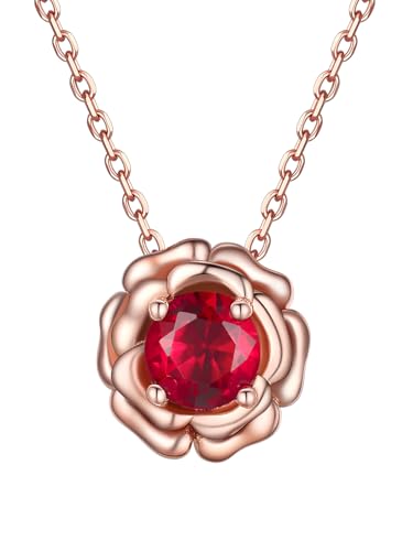 FOCALOOK Damen-Halskette mit rosa Blume aus Vermeil mit Granat aus kubischem Zirkonia, Kette mit Geburtsstein Januar, Sterling Silber Vergoldet von FOCALOOK