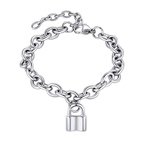 FOCALOOK Damen Herren Armband 8,3mm Dicke Rolokette Armband mit Vorhängeschloss Anhänger 18+5cm Edelstahl Gliederarmband schicker Schmuck Accessoire für Männer Frauen von FOCALOOK