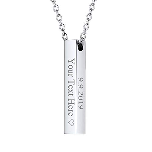 FOCALOOK Damen Herren personalisiert Kette Edelstahl 4,8mm Stab Quader Anhänger Halskette 46+5cm verstellbar Rolokette mit 3D Bar Geometrische Modeschmuck für Valentinstag Jahrestag von FOCALOOK