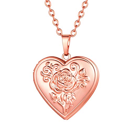 FOCALOOK Damen Herz Anhänger Halskette Rosegold vergoldet Rose Blume Medaillon zum Öffnen Foto Bilder Amulette Collier Schmuck für Muttertag Geburtstag Valentinstag von FOCALOOK